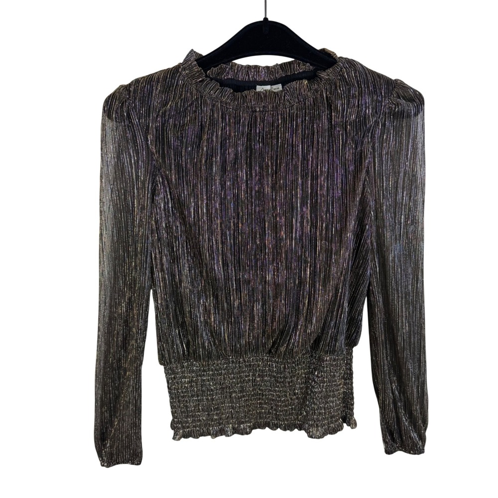 Joie Womens Gold Black Metallic Plisse Smocked Blouse Ruffle Neck Long Sleeve M